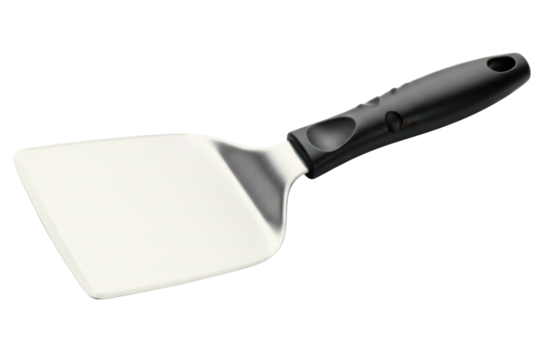 Stainless steel turner utensil for cooking or grilling food on a transparent background