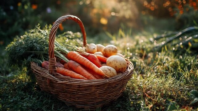 A wicker basket filled with fresh carrots and potatoes sits on sunlit grass in a garden.