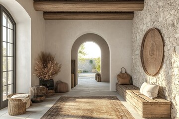 Rustic boho interior design of modern entrance hall with arched doorway. Stone cladding wall and timber beam ceiling in country house hallway. Created with, Generative AI