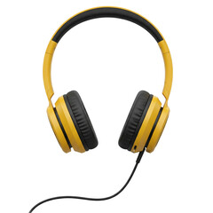 Modern Yellow Wired Headphones Front View, Isolated on Transparent Background