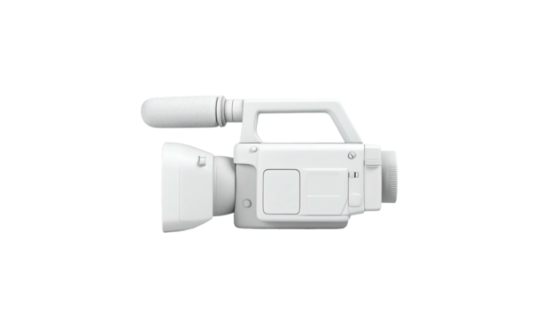 Side view of a simple white video camera, with handle and microphone, on black