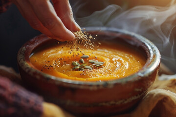 Adding seeds on a bowl of homemade steaming pumpkin soup during preparation