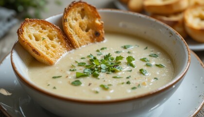 Cozy up with creamy soup and toasted bread, a comforting meal idea