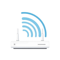 A white wireless router with two antennas emitting blue signal waves.