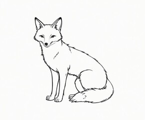 black and white line drawing of a fox sitting facing forward with a bushy tail and pointed ears for a coloring page.