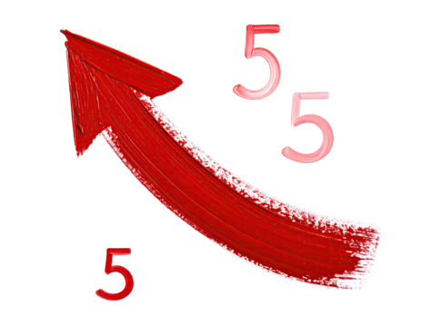 Red arrow curving upwards, with the number 5 repeated
