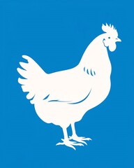 white silhouette of a chicken in profile facing right with visible comb and wattle on a solid blue background.