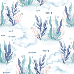 Seamless Watercolor Pattern with Underwater Plants and Fish. The overall style is a gentle, hand-painted watercolor that gives the pattern a peaceful and delicate feel.