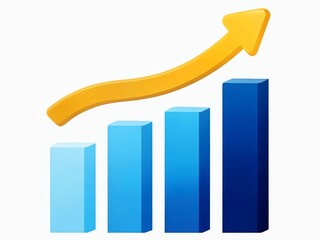 a blue bar graph with an upward curving yellow arrow symbolizing growth, progress, and positive trend in data metrics.