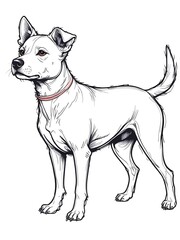 black and white line art of a terrier dog in profile with a curled tail, pink collar, and detailed reddish-brown eyes.