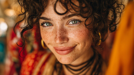 Young Woman With Curly Hair Looking For Clothes In Store: Casual Portrait In Warm Ambient Light With Fashion And Lifestyle Atmosphere