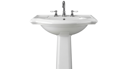 Isolated pedestal bathroom sink fixture with polished chrome faucet and porcelain handles