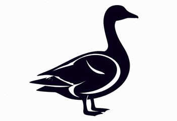 black silhouette of a goose in profile with a long neck, webbed feet, and subtle white feather details on a white background.