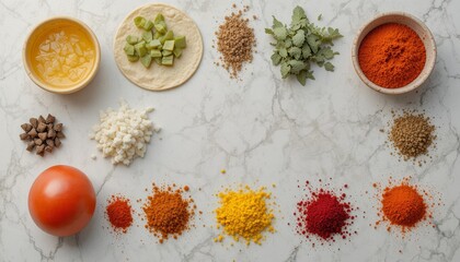 Authentic Mexican cuisine ingredients arranged on marble surface