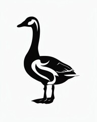 black and white vector illustration of a standing snow goose in profile with a stylized patterned silhouette.