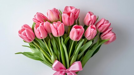 Obraz premium Fresh tulip bouquet pink flowers with ribbon