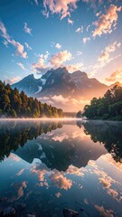 Pixelated Mountain Lake Landscape Reflection at Sunrise with Cumulus Clouds Scenery Calm Water and Soft Light Warm Tones, Cinematic Vista View, Scenery and Reflection