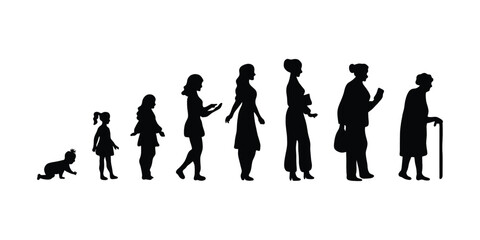 Woman Life Stages Silhouette Vector. Female Growth Timeline. From Baby to Elderly. Life Cycle of a Woman Silhouette Illustration