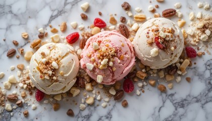 Indulge in creamy ice cream scoops with nuts on marble background