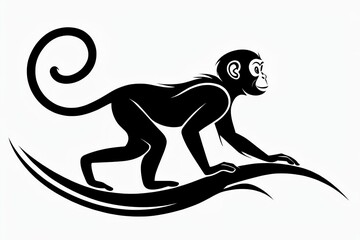 black silhouette of a monkey in a walking pose on a stylized branch with a prominent curled tail on a white background.
