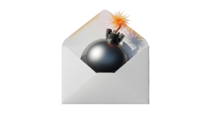 Isolated message bomb, a vintage ordnance in an open envelope, metaphor of warning email