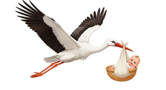 Isolated stork carrying a newborn baby in a basket, symbolic of childbirth, parenthood
