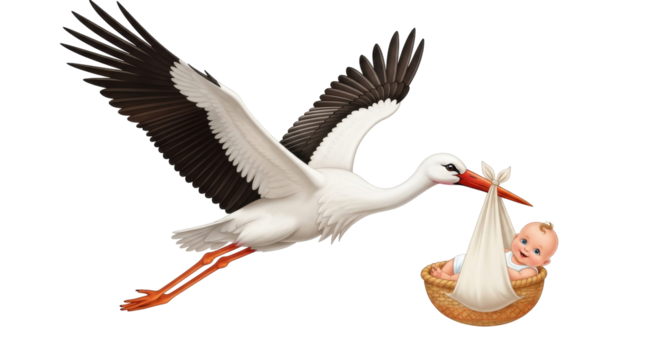Isolated stork carrying a newborn baby in a basket, symbolic of childbirth, parenthood