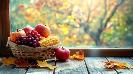 Autumn harvest basket fruits vegetables window light