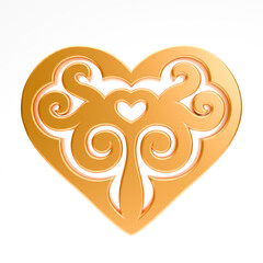 Realistic illustration of shiny golden heart with kazakh ornament isolated on white background. Symbol of love, romantic and Wedding. 3d rendering of heart shape