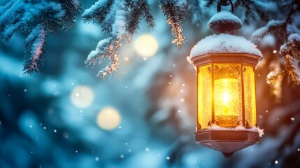 Snowy lantern glowing winter forest rustic evening