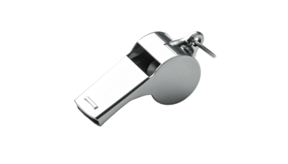 Shiny, silver whistle with a smooth finish, hanging on a ring against black