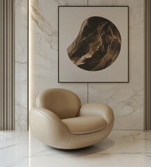 Beige lounge chair against marble wall with abstract poster. Minimalist home interior design of modern living room, Generative AI