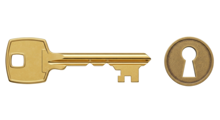 Isolated metal door key near keyhole escutcheon for secure access and home safety