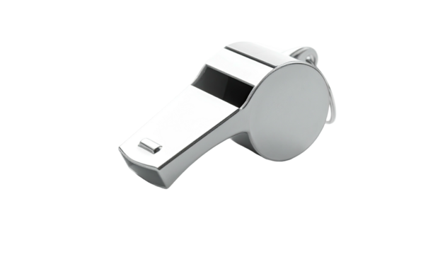 Gleaming metallic whistle, rendered in a 3D style, against a stark black background