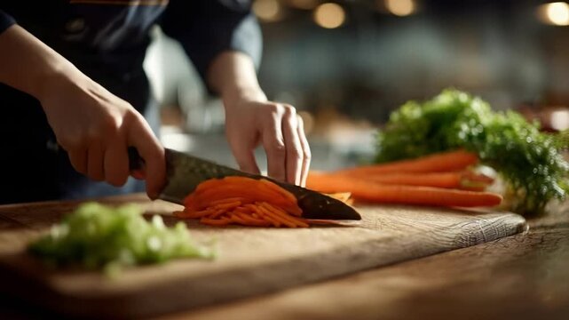 A person slices carrot sticks on a wooden cutting board with a knife, celery and greens visible in the background.
