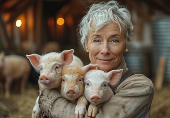 Woman Holding Piglets in Barn. It shows a woman with piglets in a barn. Suited for farm life, animal care, or rural lifestyle-related projects like ads, blogs, and educational materials.