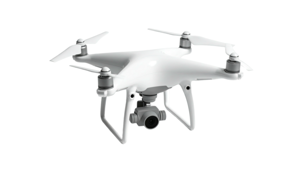 White quadcopter drone with a camera, propellers, and landing gear, isolated on black