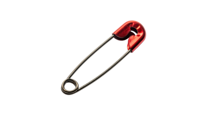 Metallic safety pin, red head, rests on a black backdrop, curved wire