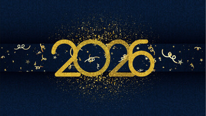 Golden 2026 numbers with glitter, confetti, and sparkling stars on dark background, perfect festive banner design for New Year holiday celebration.