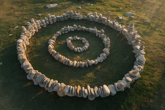 Zen rock spiral on vibrant green grass invokes peace and balance for mindful meditation, promoting wellness and tranquility in nature's embrace