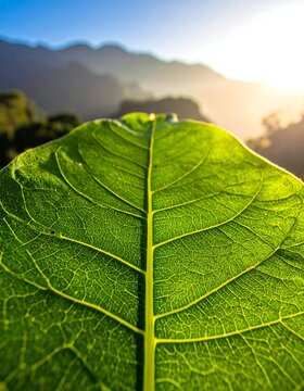 Close-up of a vibrant green leaf, bathed in sunlight, with a mountain backdrop