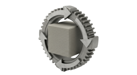 Isolated Metallic Gear Symbol with Arrows, Gray Cube at the Center, Industrial Object