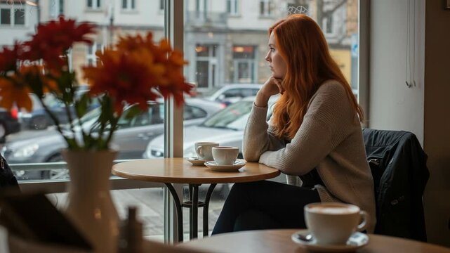 Woman sitting at a cafe table looking out the window