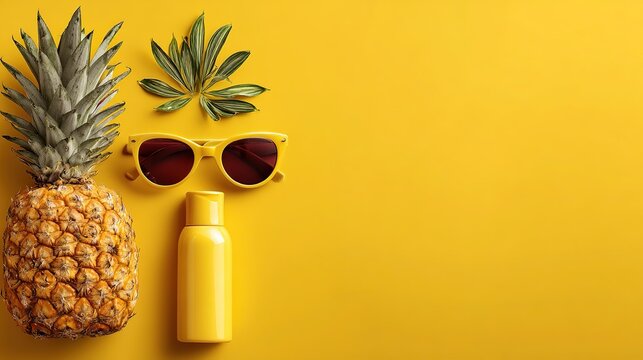 Yellow background banner with pineapple, sunglasses & sun cream bottle—copy space for text, summer concept; ideal for summer-themed designs, text addition. - Powered by Adobe