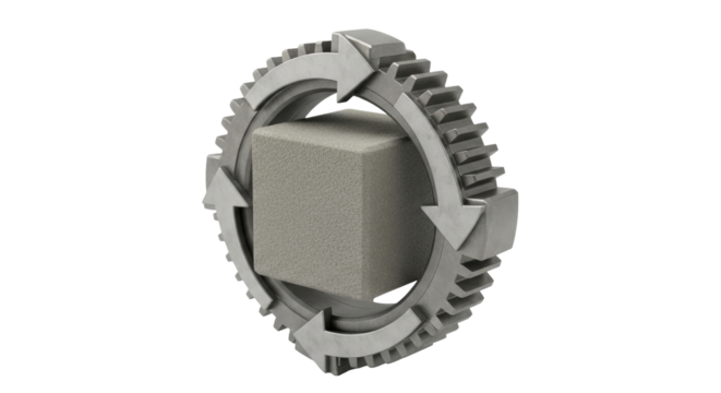 Isolated Metallic Gear Symbol with Arrows, Gray Cube at the Center, Industrial Object