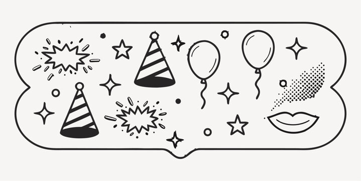 Celebrate with whimsical doodle art featuring party hats, balloons, stars, and a kiss for fun invitations, social media posts, and festive designs