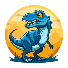 Vector illustration of a fierce blue cartoon tyrannosaurus rex dinosaur with sharp teeth and yellow eyes, standing on grass in front of a yellow sun and desert landscape