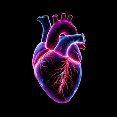 illustration of a human heart with a glowing visual effect that combines blue, purple, and pink. Detailed blood vessels are clearly visible, glowing bright red
