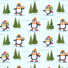 Penguins in hats and scarves are skating.Vector seamless pattern with penguins on skates and green Christmas trees.