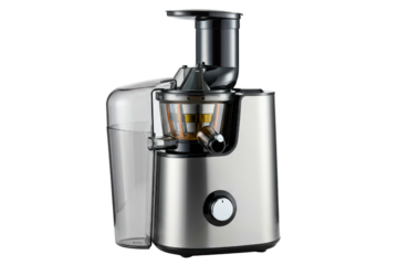 Modern stainless steel centrifugal juicer kitchen appliance on a transparent background
